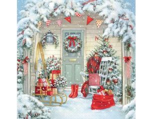 Serviette papier porche Noël enneigé traîneau couronne fanions rouge 33cm