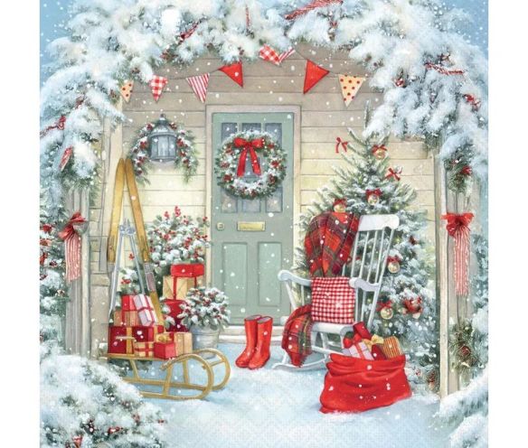 Serviette papier porche Noël enneigé traîneau couronne fanions rouge 33cm