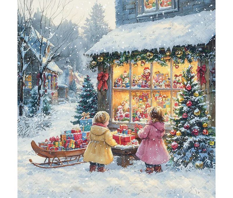 Serviette papier enfants vitrine jouets Noël neige traîneau sapin décoré 33cm