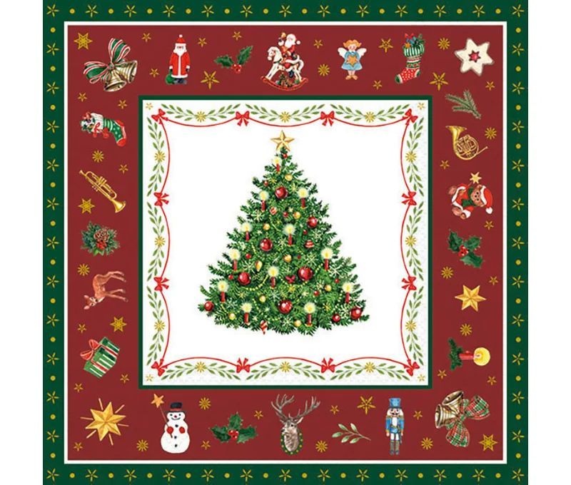 Serviette papier rouge vert sapin classique icônes de Noël bordure 33cm