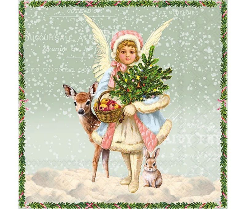 Serviette papier ange vintage faon lapin panier pommes sapin 33cm