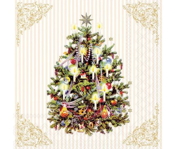 Serviette papier beige sapin bougies étoile argentée coins dorés 33cm