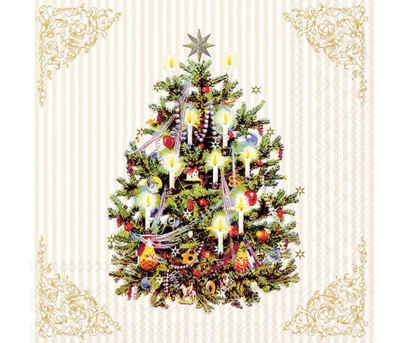 Serviette papier beige sapin bougies étoile argentée coins dorés 33cm
