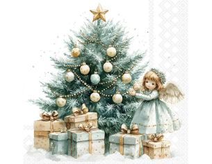Serviette papier blanc sapin pastel ange doré cadeaux étoile 33cm
