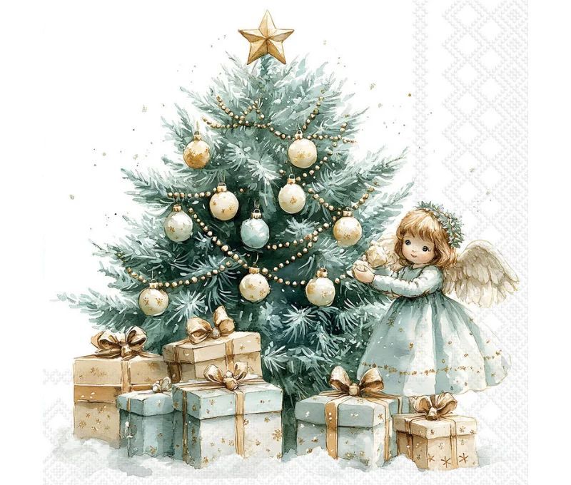Serviette papier blanc sapin pastel ange doré cadeaux étoile 33cm