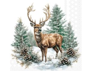 Serviette papier blanc cerf bois forêt enneigée pommes de pin 33cm
