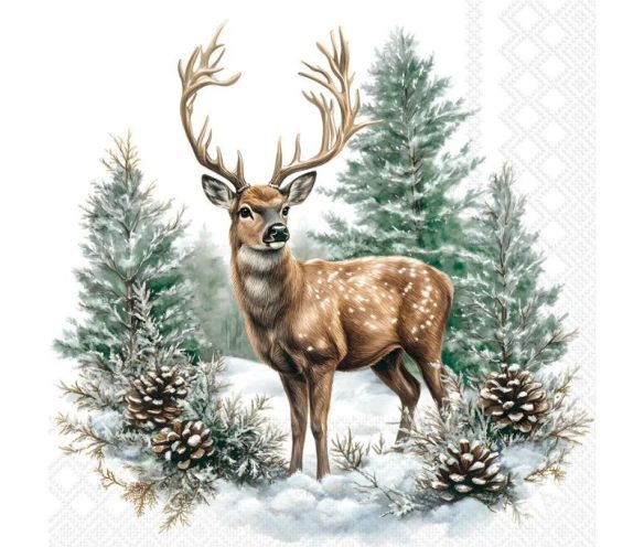 Serviette papier blanc cerf bois forêt enneigée pommes de pin 33cm