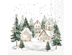 Serviette papier blanc village enneigé maisons sapins étoile dorée 33cm