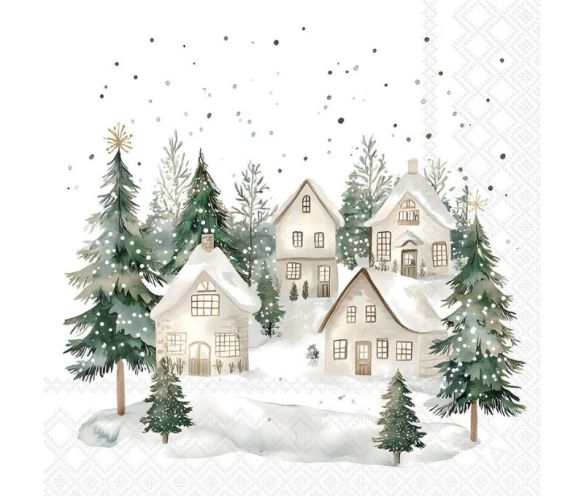 Serviette papier blanc village enneigé maisons sapins étoile dorée 33cm