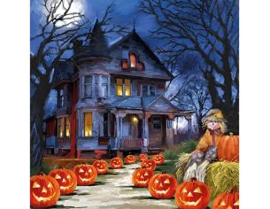 Serviette papier maison hantée citrouilles épouvantail pleine lune 33cm