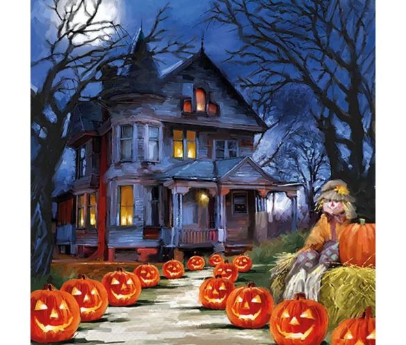 Serviette papier maison hantée citrouilles épouvantail pleine lune 33cm