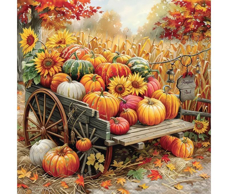 Serviette papier charrette citrouilles tournesols automne champ maïs 33cm