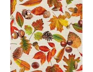 Serviette papier beige feuilles automne glands châtaignes pommes de pin 33cm