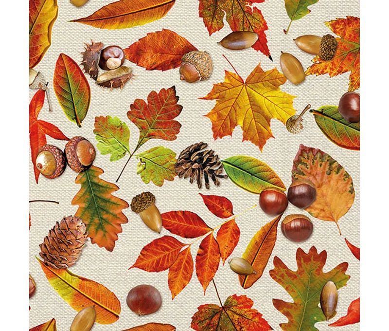 Serviette papier beige feuilles automne glands châtaignes pommes de pin 33cm