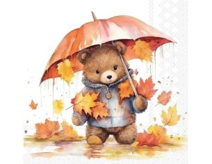 Serviette papier ours en peluche parapluie feuilles automne pluie 33cm