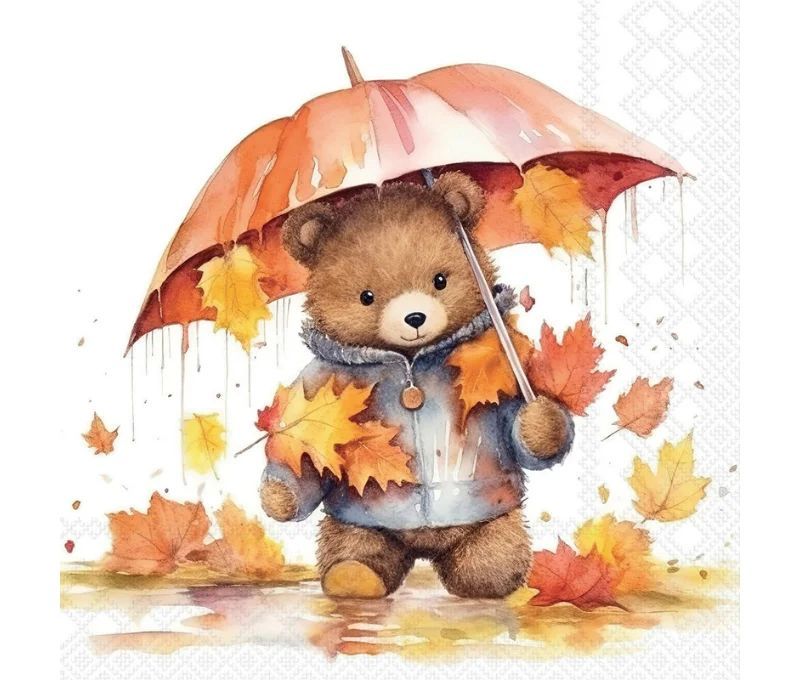 Serviette papier ours en peluche parapluie feuilles automne pluie 33cm