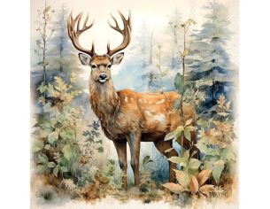 Serviette papier cerf bois forêt sauvage aquarelle feuillage 33cm