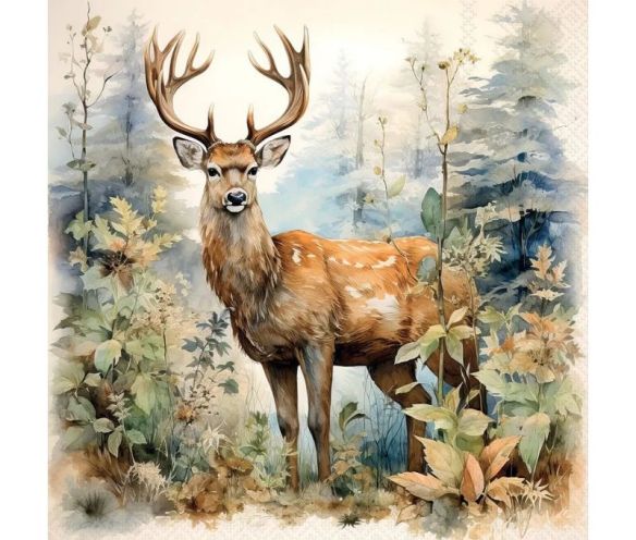 Serviette papier cerf bois forêt sauvage aquarelle feuillage 33cm
