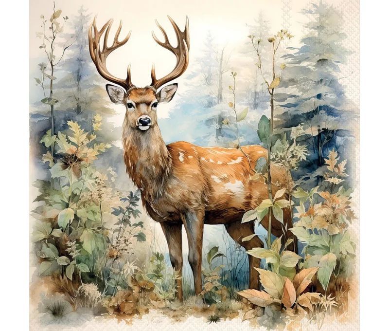 Serviette papier cerf bois forêt sauvage aquarelle feuillage 33cm