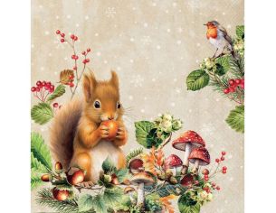 Serviette papier beige écureuil roux rouge-gorge champignons flocons 33cm