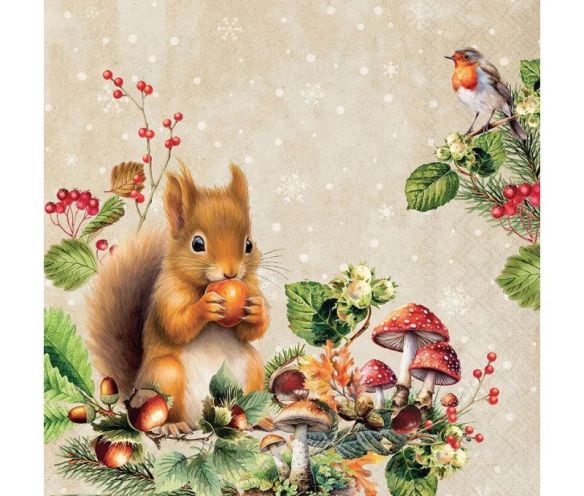 Serviette papier beige écureuil roux rouge-gorge champignons flocons 33cm