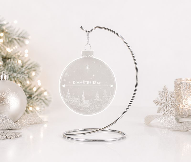 Support pour boule de Noël argenté en métal pour boule de Noël de 12 cm de diamètre.