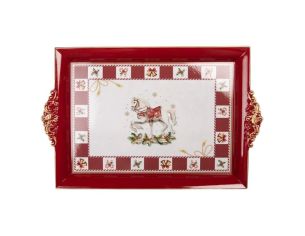 Plateau rouge décor cheval à bascule bordure damiers clochettes houx sucres d'orge poignées dorées 41x26x3cm