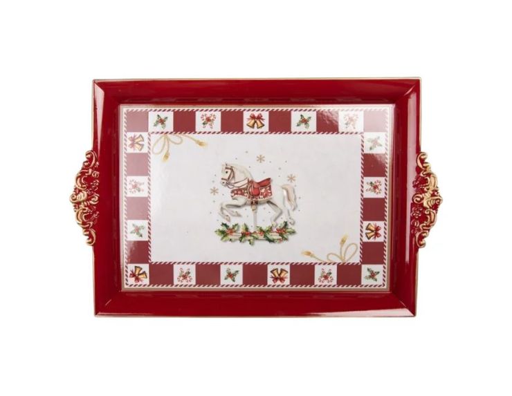 Plateau rouge décor cheval à bascule bordure damiers clochettes houx sucres d'orge poignées dorées 41x26x3cm