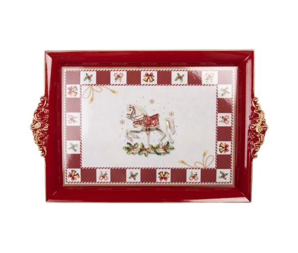Plateau rouge décor cheval à bascule bordure damiers clochettes houx sucres d'orge poignées dorées 41x26x3cm