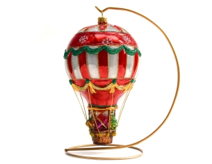 Suspension de Noël montgolfière rouge, blanche et dorée en verre soufflé et peinte à la main. 
Hauteur : 17cm