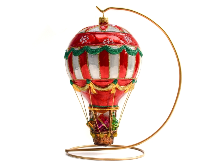 Suspension de Noël montgolfière rouge, blanche et dorée en verre soufflé et peinte à la main. 
Hauteur : 17cm