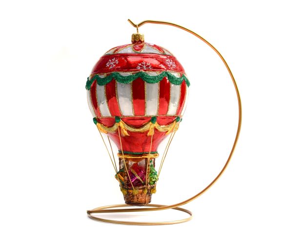 Suspension de Noël montgolfière rouge, blanche et dorée en verre soufflé et peinte à la main. 
Hauteur : 17cm