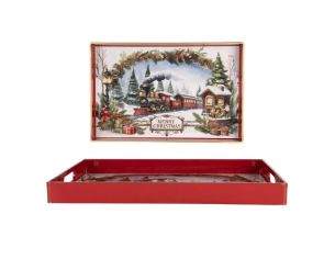 Plateau rouge décor train Noël guirlande sapins maison enneigée Merry Christmas