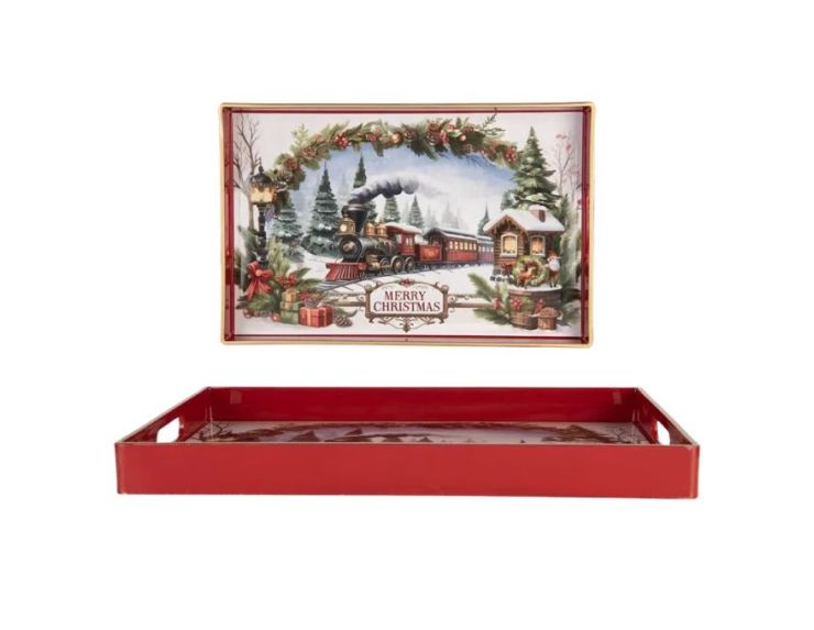 Plateau rouge décor train Noël guirlande sapins maison enneigée Merry Christmas