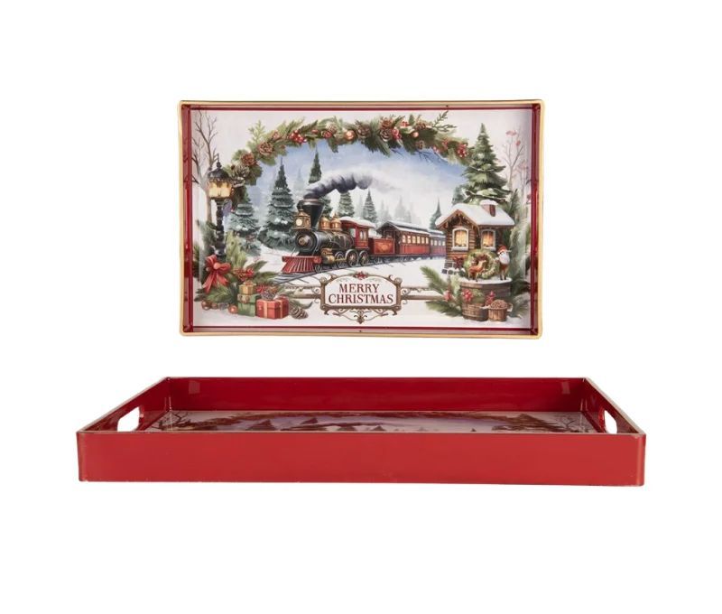 Plateau rouge décor train Noël guirlande sapins maison enneigée Merry Christmas