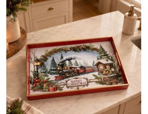 Plateau rouge décor train Noël guirlande sapins maison enneigée Merry Christmas