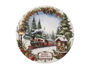 Sous-assiette ronde décor train Noël guirlande sapins maison enneigée cerf Merry Christmas Ø33cm