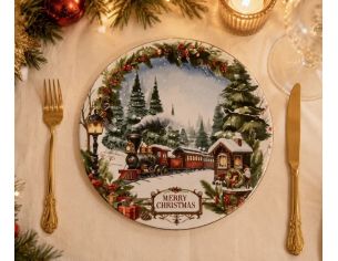 Sous-assiette ronde décor train Noël guirlande sapins maison enneigée cerf Merry Christmas Ø33cm