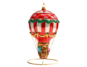 Suspension de Noël montgolfière rouge, blanche et dorée en verre soufflé et peinte à la main. 
Hauteur : 17cm