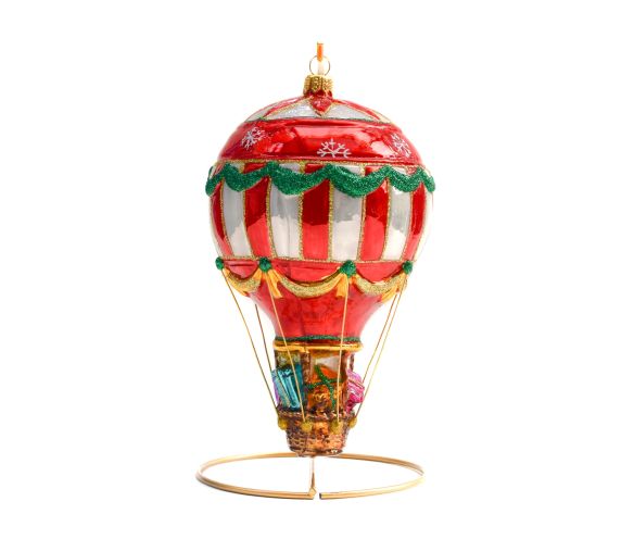 Suspension de Noël montgolfière rouge, blanche et dorée en verre soufflé et peinte à la main. 
Hauteur : 17cm
