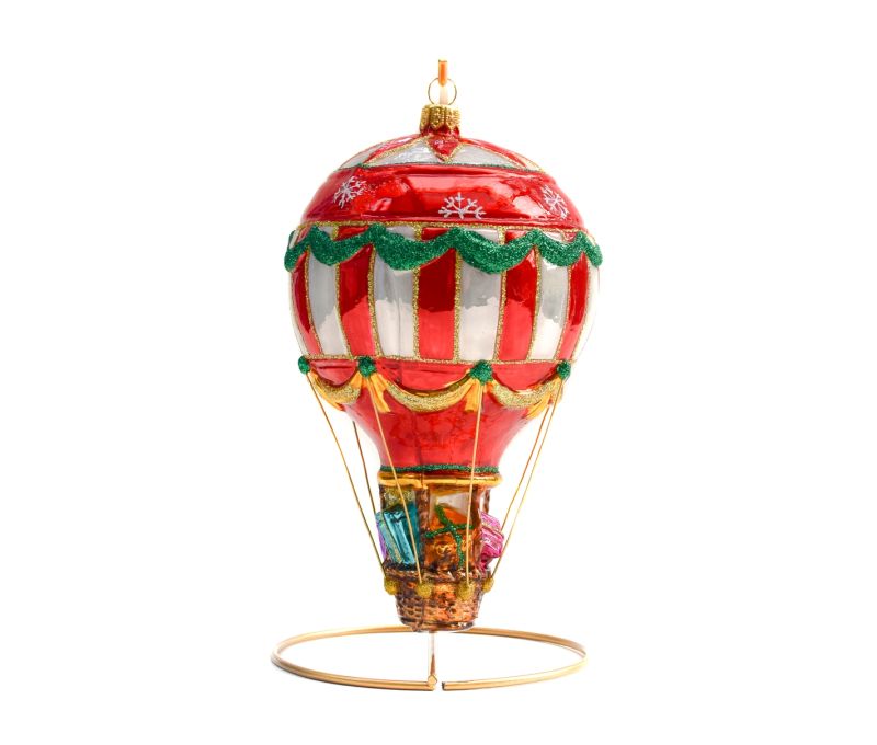 Suspension de Noël montgolfière rouge, blanche et dorée en verre soufflé et peinte à la main. 
Hauteur : 17cm