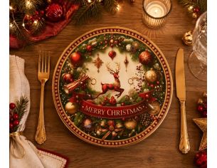 Sous-assiette ronde décor guirlande renne doré boules de Noël Merry Christmas Ø33cm