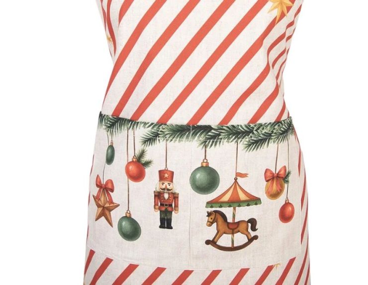 Tablier blanc rayures rouges décor Noël nœud sapin boules casse-noisette carrousel cheval à bascule 70x85cm