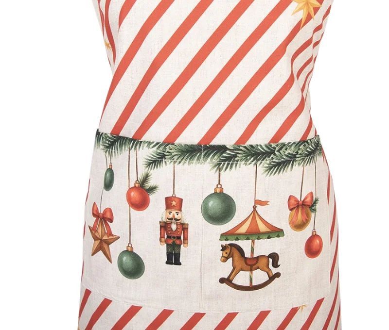 Tablier blanc rayures rouges décor Noël nœud sapin boules casse-noisette carrousel cheval à bascule 70x85cm