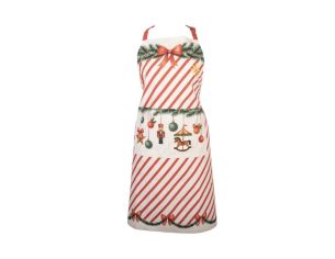 Tablier blanc rayures rouges décor Noël nœud sapin boules casse-noisette carrousel cheval à bascule 70x85cm