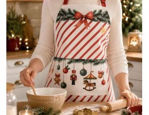 Tablier blanc rayures rouges décor Noël nœud sapin boules casse-noisette carrousel cheval à bascule 70x85cm