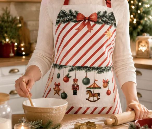 Tablier blanc rayures rouges décor Noël nœud sapin boules casse-noisette carrousel cheval à bascule 70x85cm