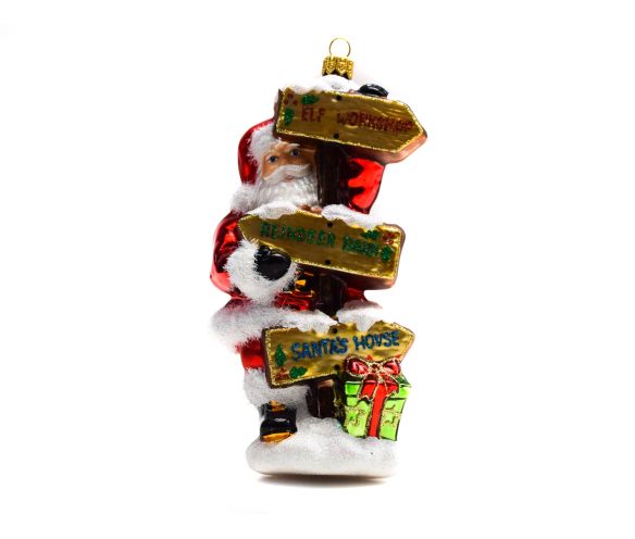 Suspension verre soufflé Père Noël rouge blanc tient panneau directionnel House cadeau vert H18cm