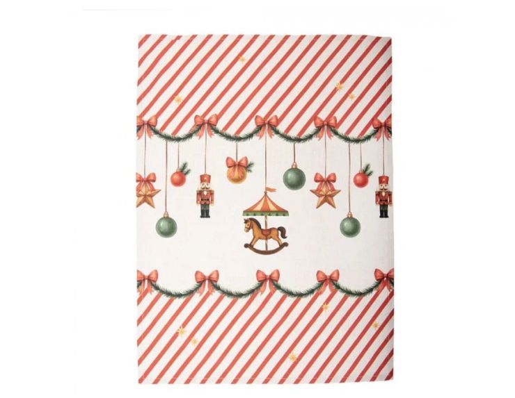 Torchon beige rayures rouges guirlande casse-noisette carrousel boules Noël 50x70cm