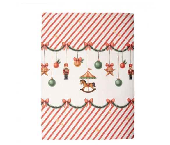 Torchon beige rayures rouges guirlande casse-noisette carrousel boules Noël 50x70cm